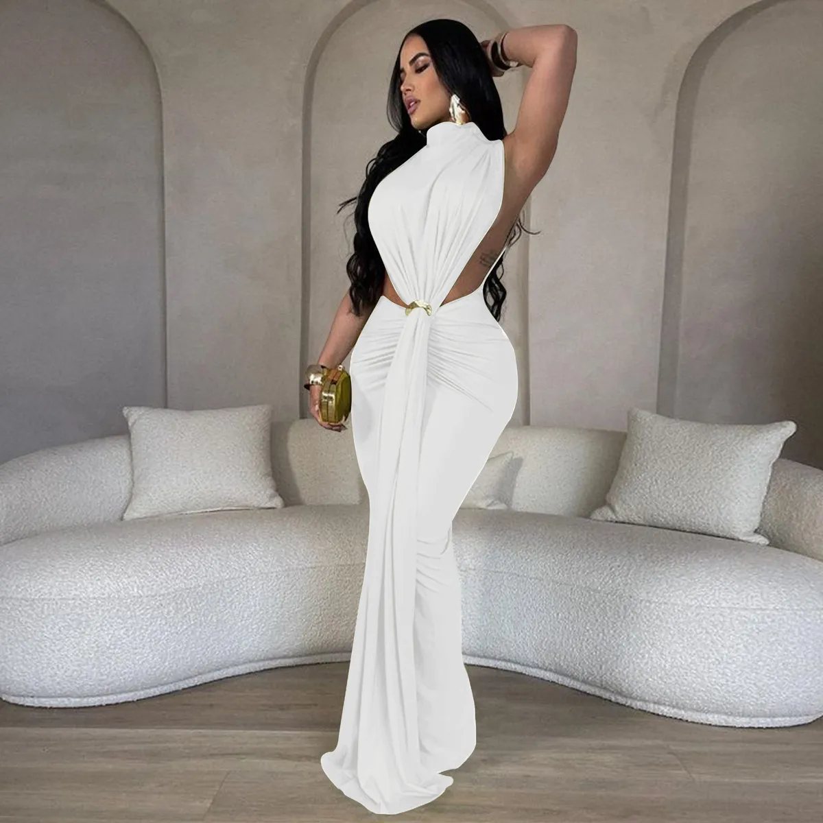 Women Sexy Solid Color Hollow Side Swing Tight Maxi Dress