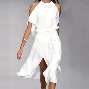 Women's Sleeveless Split Midi Dress in Solid Color - Intellectual Style Polyester