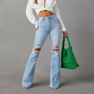 Women Fashion High Waist Ripped Jeans
