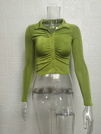 Women's Lapel Polo Collar Single-Breasted Long Sleeve Crop Top