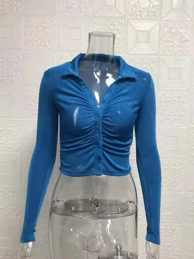 Women's Lapel Polo Collar Single-Breasted Long Sleeve Crop Top