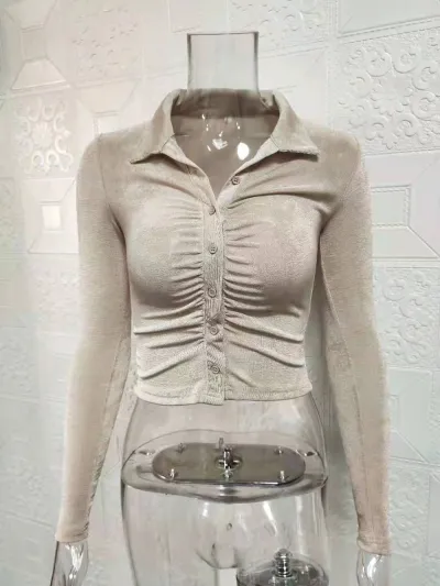 Women's Lapel Polo Collar Single-Breasted Long Sleeve Crop Top