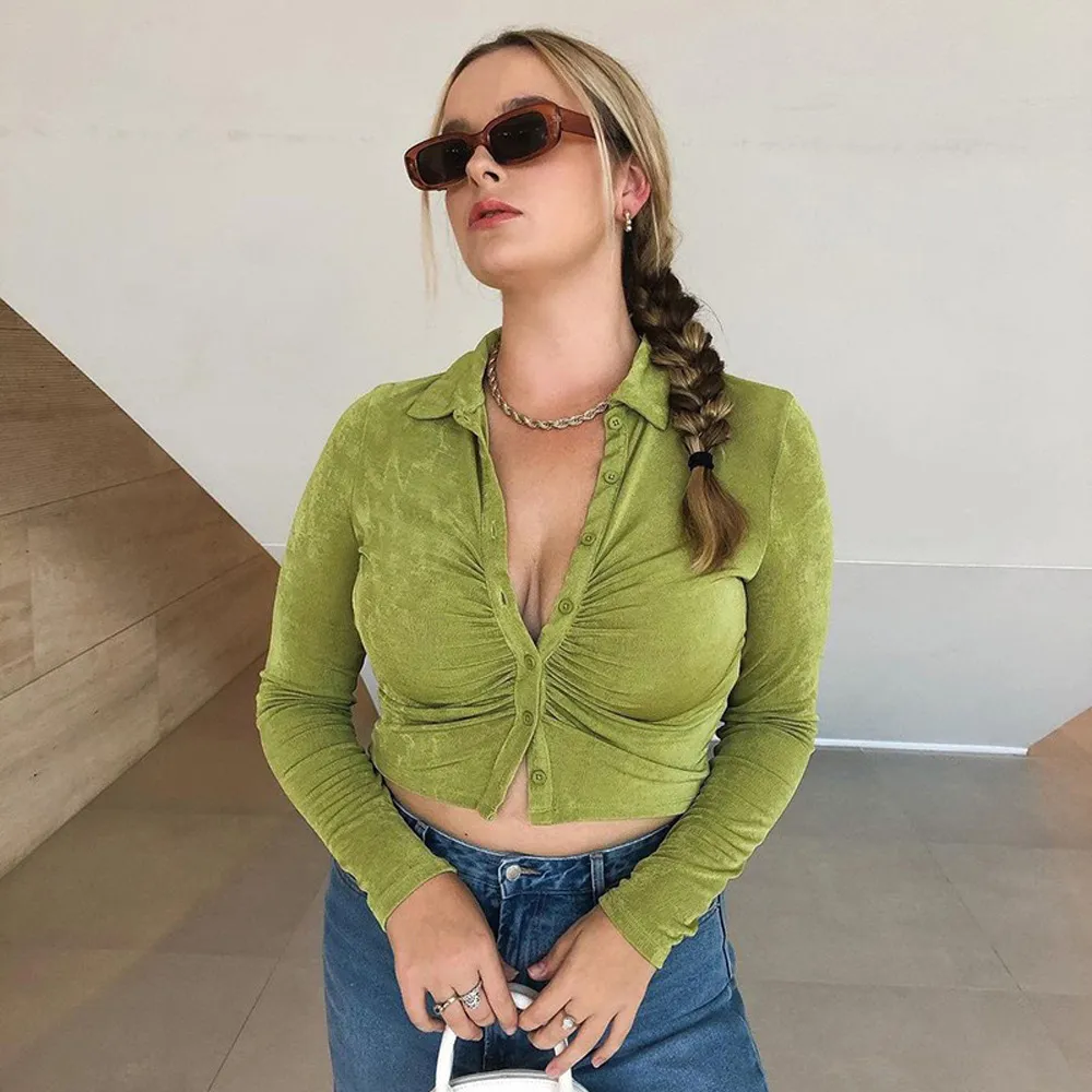 Women's Lapel Polo Collar Single-Breasted Long Sleeve Crop Top