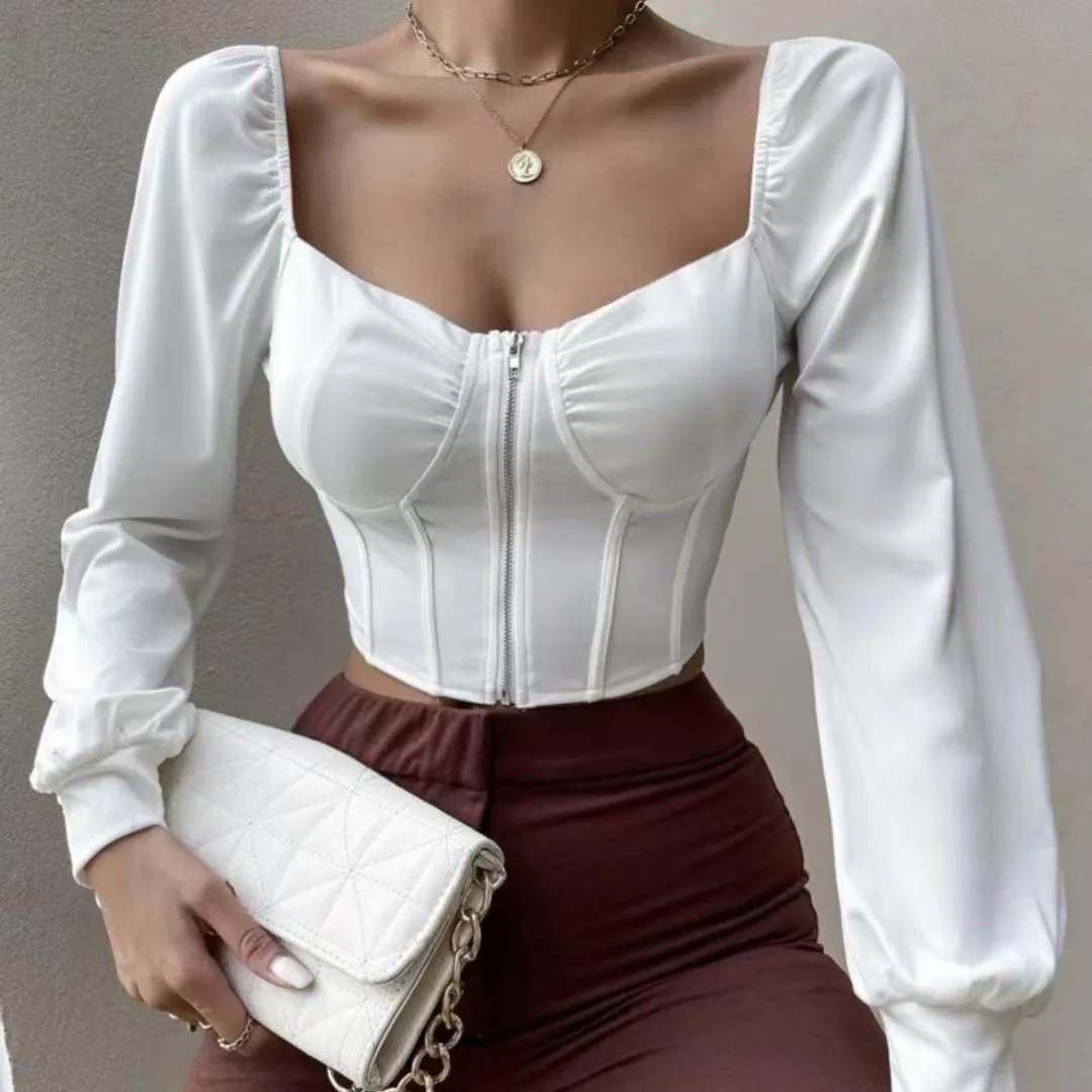 Women Acetate Fabric Street Hipster Slim Fit Zipper Long Sleeve Crop Top