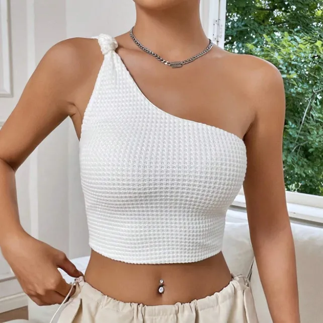 Women Fashion Solid Color Waffle One Shoulder Knot Crop Top