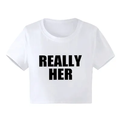 Women Alphabet Print Crop Top Short Sleeve Round Neck T-Shirt