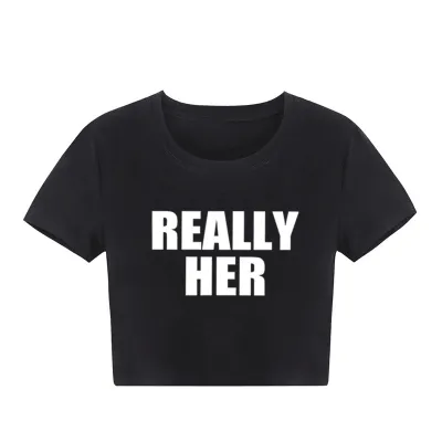 Women Alphabet Print Crop Top Short Sleeve Round Neck T-Shirt