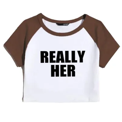 Women Alphabet Print Crop Top Short Sleeve Round Neck T-Shirt