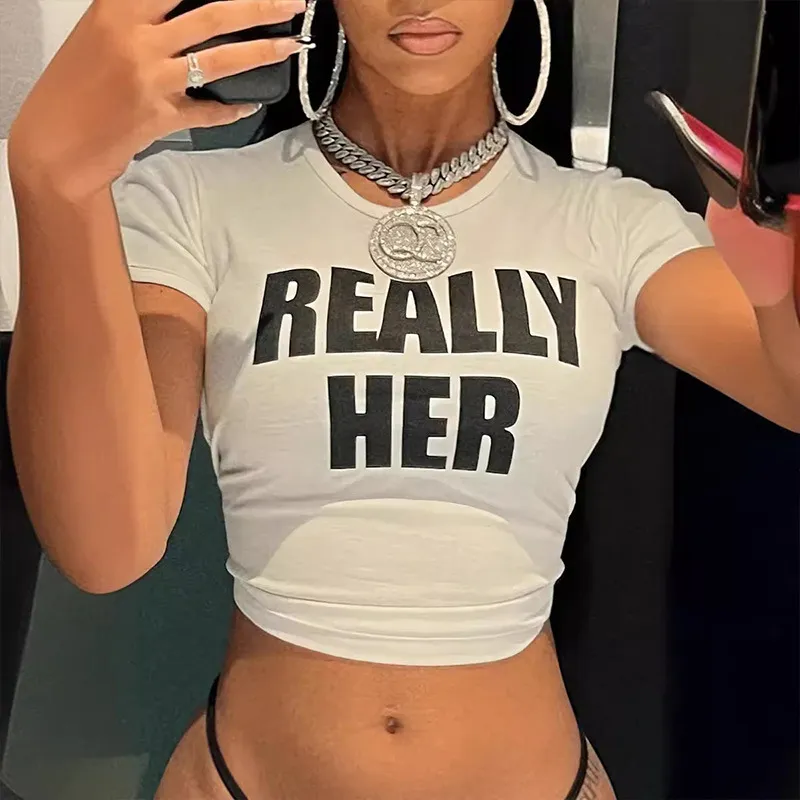 Women Alphabet Print Crop Top Short Sleeve Round Neck T-Shirt