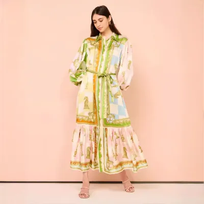 Women Fashion Graffiti Print Lace-Up Single-Breasted Lantern Sleeve Dress