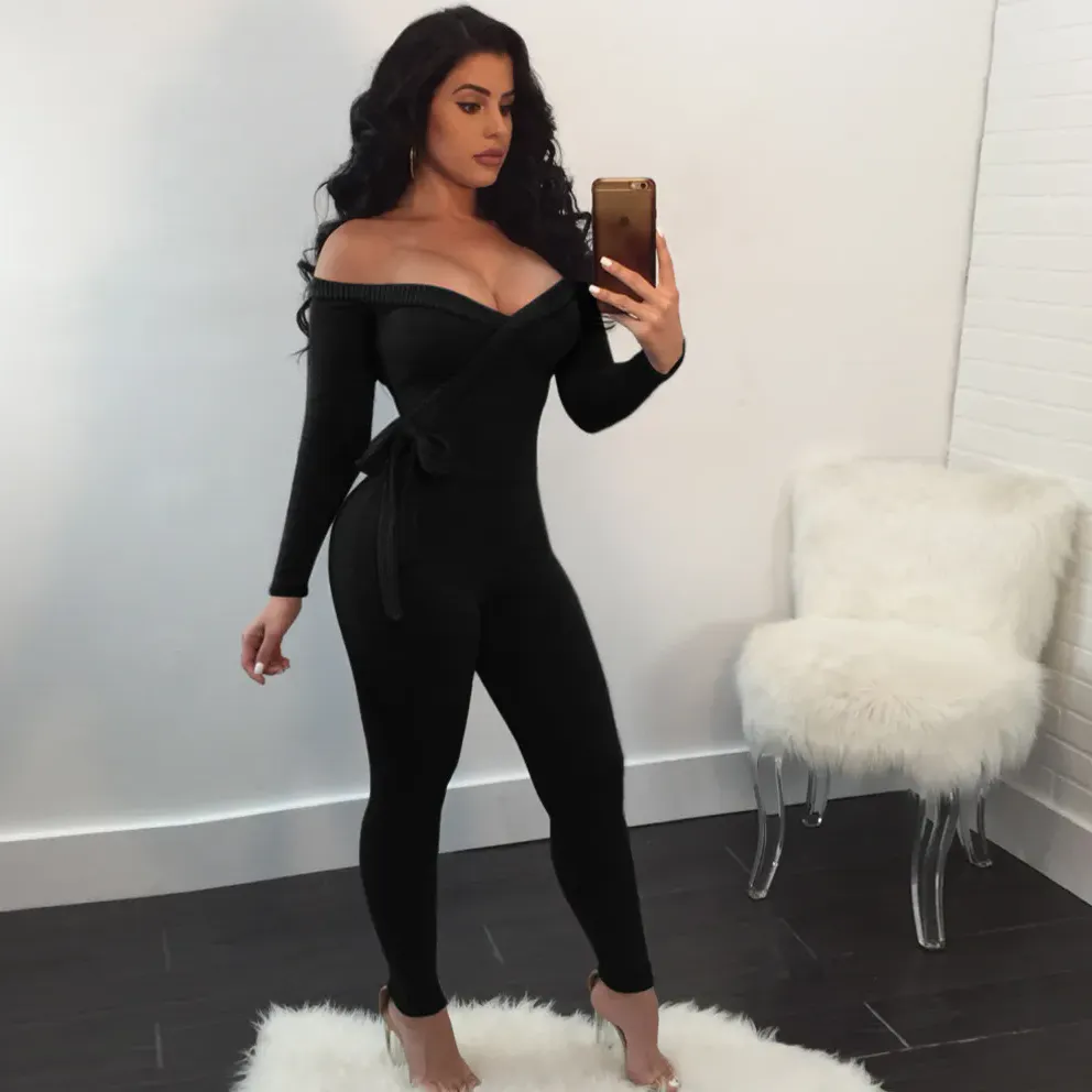 Women Fashion Sexy Deep V Neck Long Sleeve Jumpsuits
