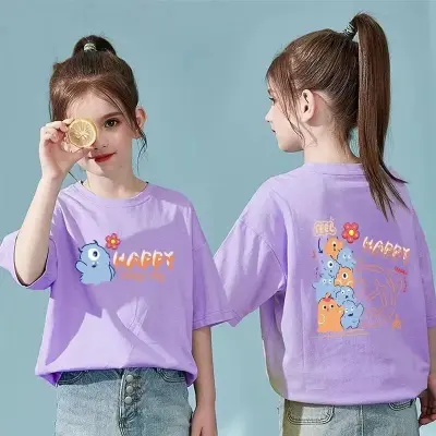 Kids Toddler Big Girls Casual Cute Cartoon Alphabet Print Crewneck Short Sleeve T-Shirt Combed Cotton College Top