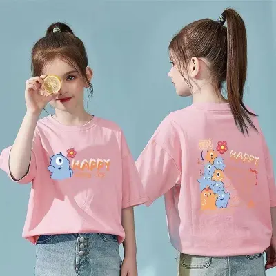Kids Toddler Big Girls Casual Cute Cartoon Alphabet Print Crewneck Short Sleeve T-Shirt Combed Cotton College Top