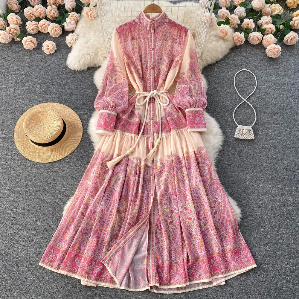 Women Fashion Simple Collar Graphic Printing Lantern Sleeve Loose Dress