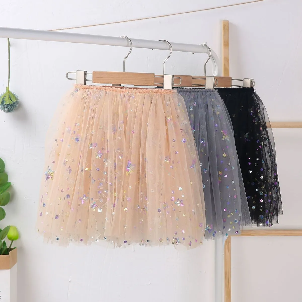 Kids Toddler Girls Casual Cute Star Sequins Mesh Skirt Princess Style