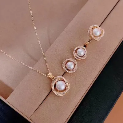 Women Fashion Pearl Rhinestone Pendant Necklace Earrings Ring Jewelry Set