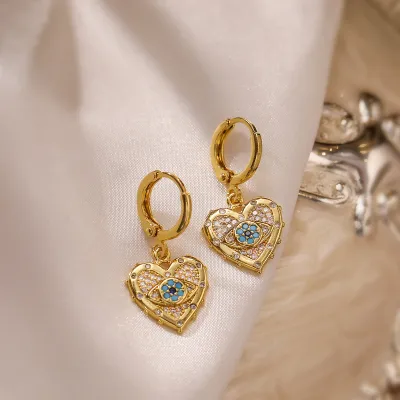 Women Fashion Heart-Shaped Rhinestone Devil Eye Pendant Earrings Jewelry Sets