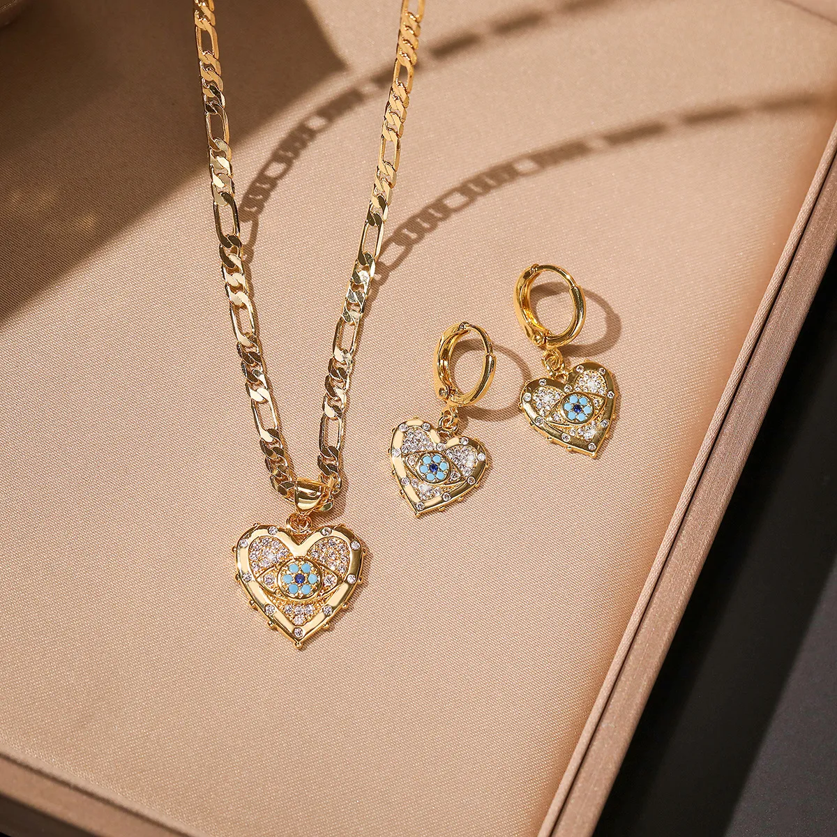 Women Fashion Heart-Shaped Rhinestone Devil Eye Pendant Earrings Jewelry Sets