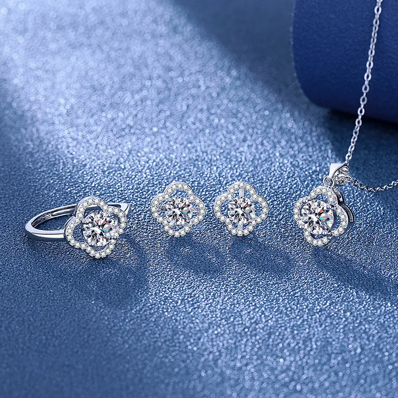 Women Simple Hollow-Out Four-Leaf Clover Necklace Earrings Ring Set