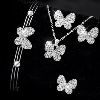 Women's Simple Fashion Butterfly Rhinestone Necklace Earrings Bracelet Ring Four-Piece Set