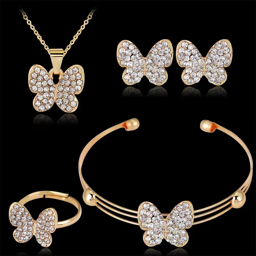 Women's Simple Fashion Butterfly Rhinestone Necklace Earrings Bracelet Ring Four-Piece Set