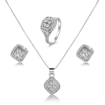 Women Fashion Simple Geometric Rhinestone Pendant Necklace Earrings Ring Three-Piece Set
