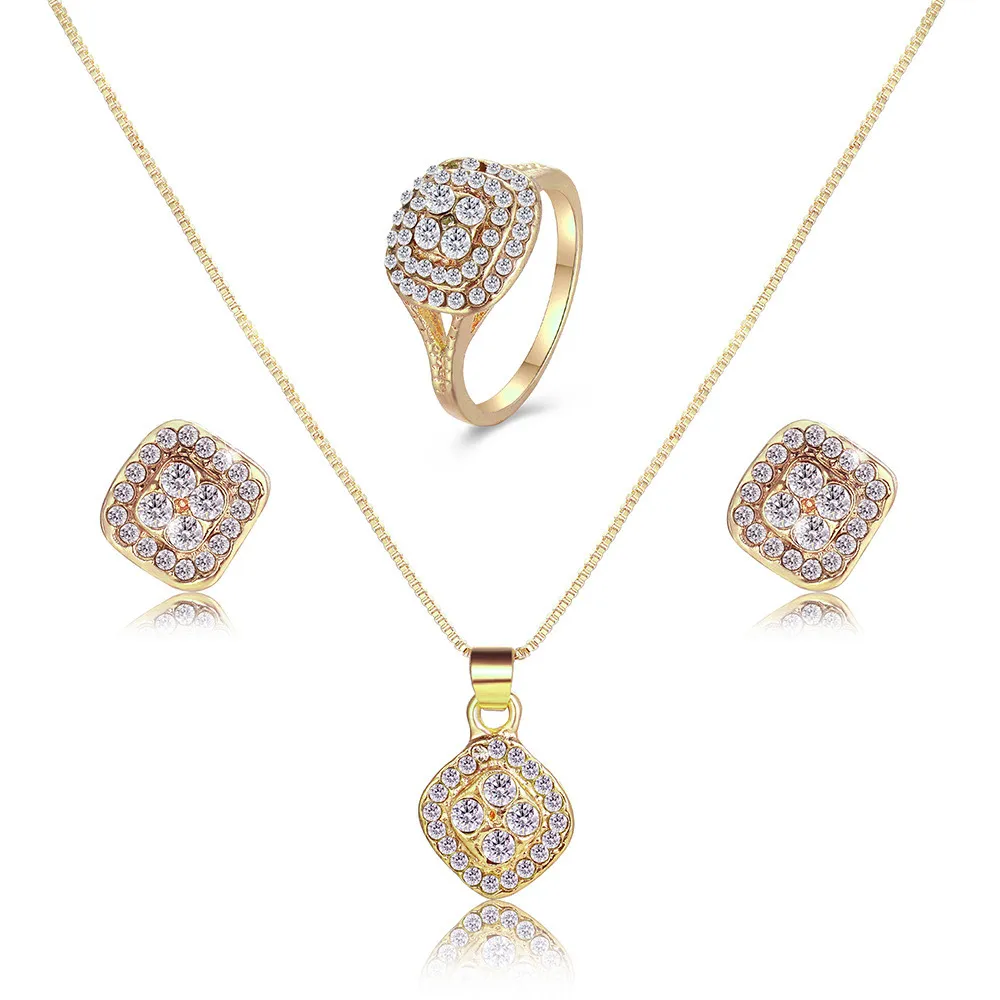 Women Fashion Simple Geometric Rhinestone Pendant Necklace Earrings Ring Three-Piece Set
