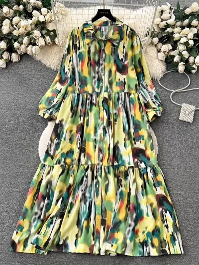 Women Fashion Blooming Printed Loose Dress with Lantern Sleeves
