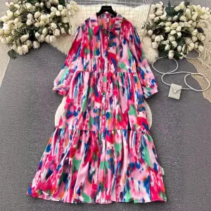 Women Fashion Blooming Printed Loose Dress with Lantern Sleeves