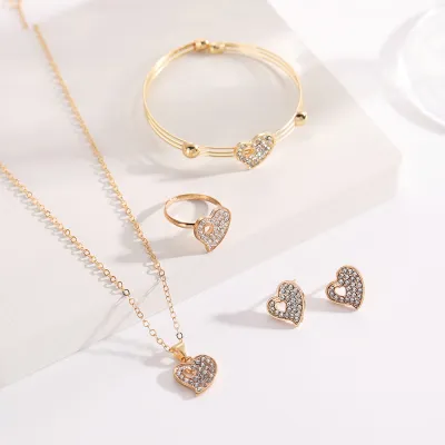 Women Simple Butterfly Heart-Shaped Rhinestone Necklace Earrings Bracelet Ring Set