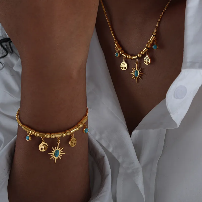 Women's Fashion Irregular Sun Turquoise Titanium Steel Pendant Necklace And Bracelet Set
