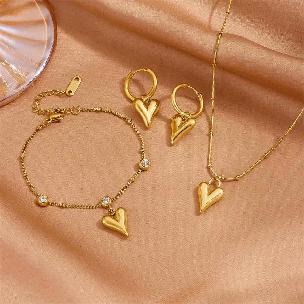 Women Fashion Stainless Steel Heart-Shaped Bracelet Necklace Earrings Jewelry Set