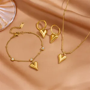 Women Fashion Stainless Steel Heart-Shaped Bracelet Necklace Earrings Jewelry Set