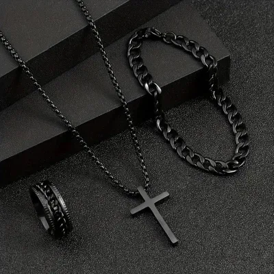 Women Creative Simple Cross Crown Roman Numeral Necklace Ring Bracelet Three-Piece Set