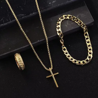 Women Creative Simple Cross Crown Roman Numeral Necklace Ring Bracelet Three-Piece Set