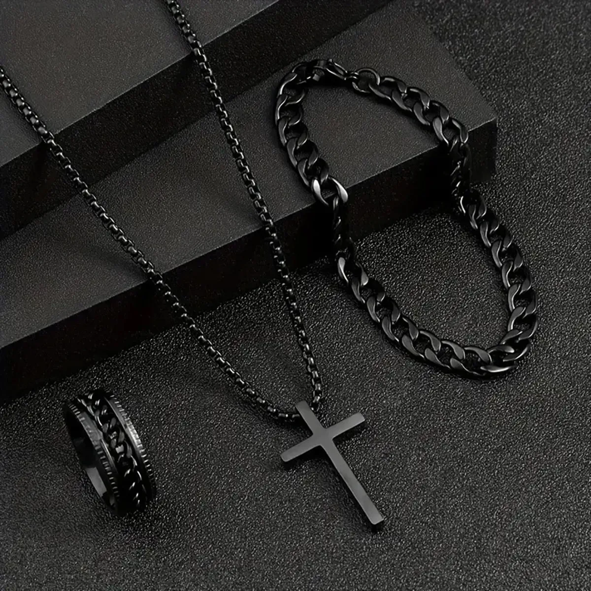 Women Creative Simple Cross Crown Roman Numeral Necklace Ring Bracelet Three-Piece Set