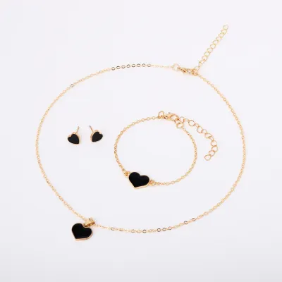 Women Simple Fashion Heart-Shaped Necklace Bracelet Earrings Set