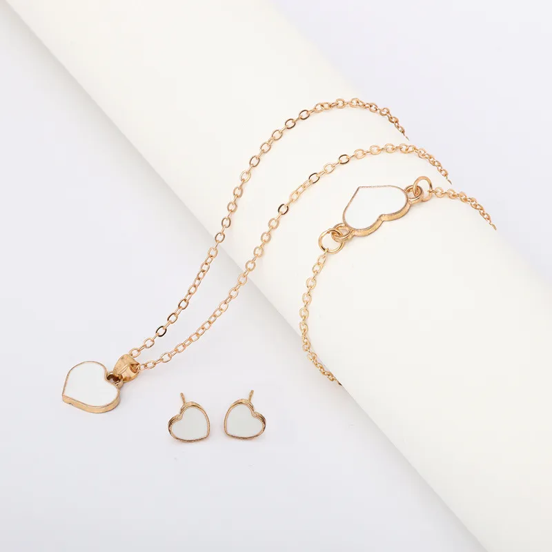 Women Simple Fashion Heart-Shaped Necklace Bracelet Earrings Set