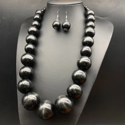Women Fashion Exaggerated Bohemian Wooden Beads Necklace Earrings Jewelry Set