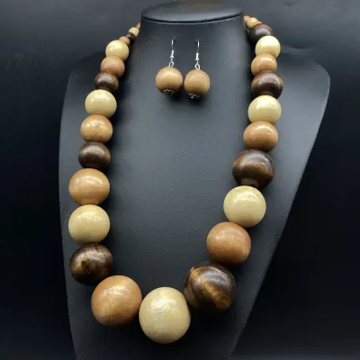 Women Fashion Exaggerated Bohemian Wooden Beads Necklace Earrings Jewelry Set