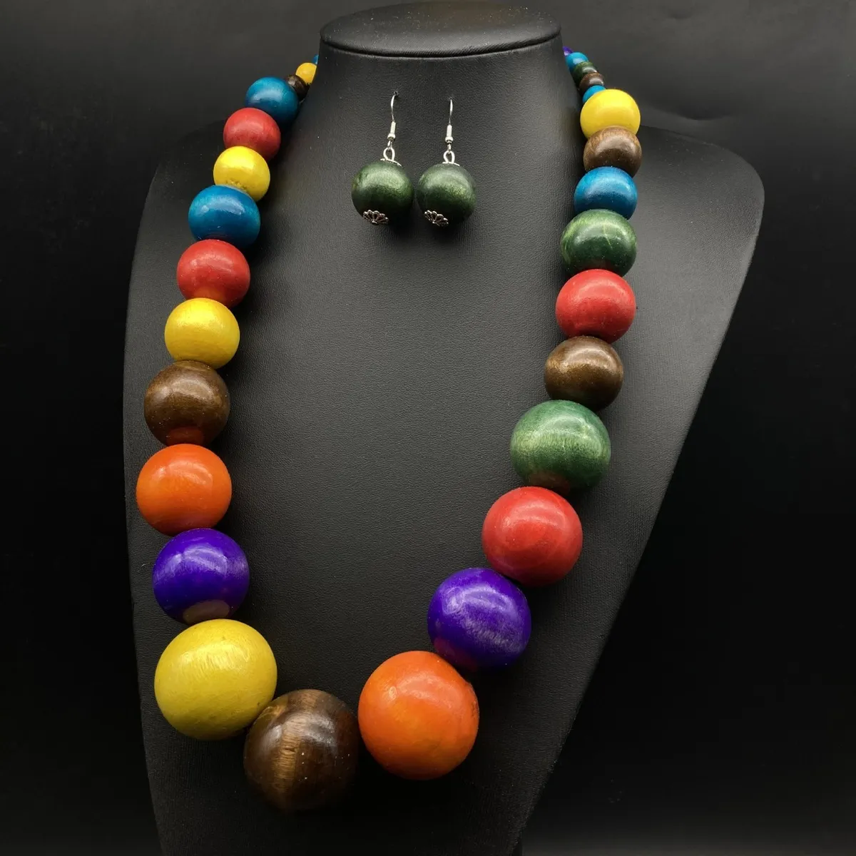 Women Fashion Exaggerated Bohemian Wooden Beads Necklace Earrings Jewelry Set