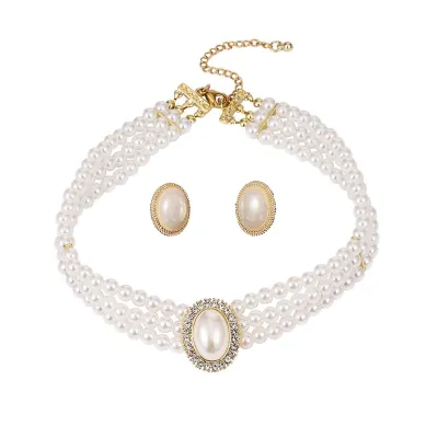 Women Retro French Pearl Necklace and Earrings Chain Set Jewelry Set