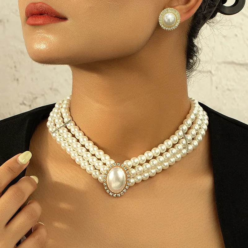Women Retro French Pearl Necklace and Earrings Chain Set Jewelry Set