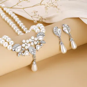 Women's Fashion Exaggerated Pearl Rhinestone Jewelry Set with Necklace and Earrings