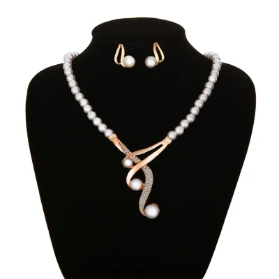 Women Fashion Creative Imitation Pearl Alloy Necklace Earrings Jewelry Set