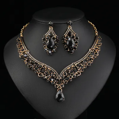 Women Fashion Retro Exaggerated Rhinestone Necklace Earrings Jewelry Set
