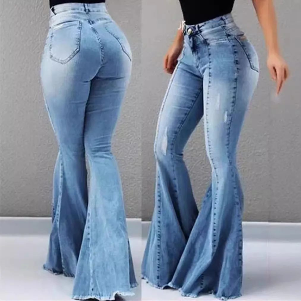 Women Casual Stretch High Waist Ripped Flared Jeans