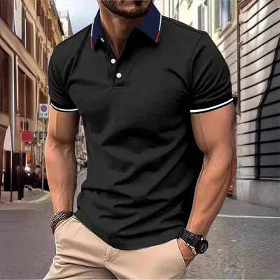 Men Fashion Casual Basic Stripe Short Sleeve Lapel POLO Shirt