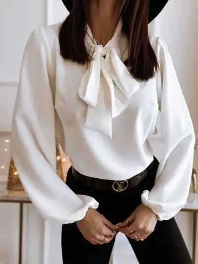 Women Chiffon Blouse Long Sleeve Loose Fit Solid Color Top