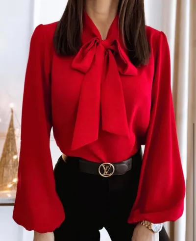 Women Chiffon Blouse Long Sleeve Loose Fit Solid Color Top